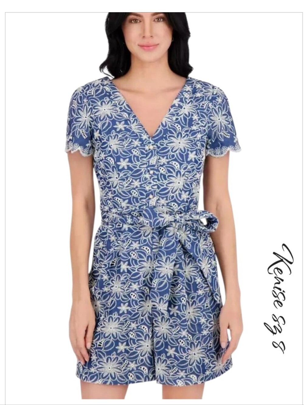 Kensie Blue Embroidered Tie Waist Romper Chambray Floral Size 8